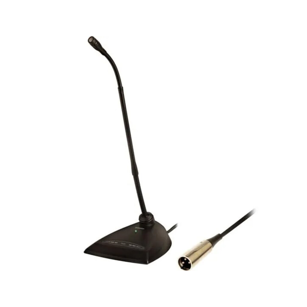 Sleek black desk microphone with flexible arm, ideal for professional audio and conference use.