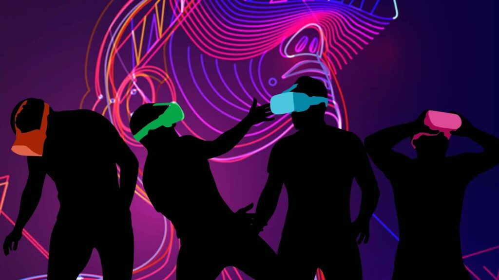 Silhouettes of four people wearing colorful VR headsets in front of a neon abstract projection at an immersive exhibition activation.