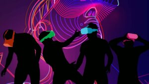 Silhouettes of four people wearing colorful VR headsets in front of a neon abstract projection at an immersive exhibition activation.