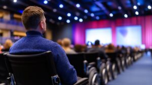 Conference audience in a large auditorium with an attendee seated in a wheelchair and projection screens on stage.