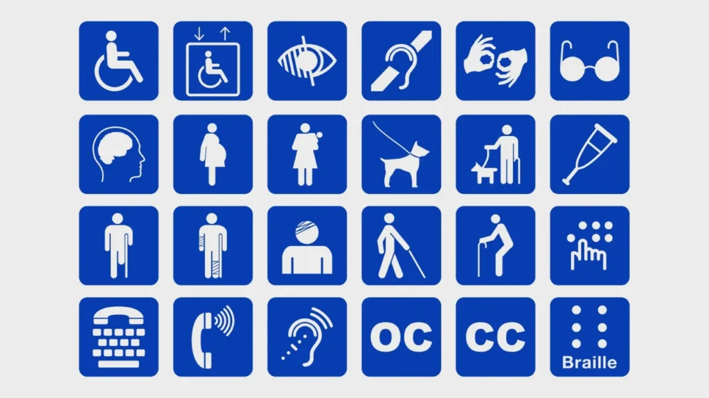Grid of blue accessibility icons including wheelchair access, hearing loop, braille, guide dog, captions and other assistive service symbols for venue signage.