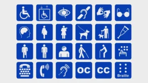 Grid of blue accessibility icons including wheelchair access, hearing loop, braille, guide dog, captions and other assistive service symbols for venue signage.